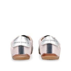 Golden Goose pink ballet flats, rear view showing silver bow detail, navy heel counter and tan leather insole