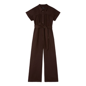 Whistles brown short-sleeve collared jumpsuit with tie waist belt and wide-leg trousers, flat lay