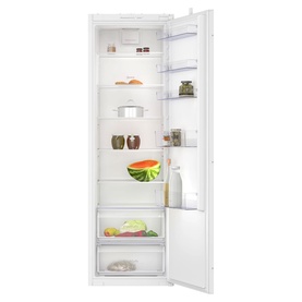 Neff integrated tall larder fridge in white, door open showing multiple glass shelves stocked with fresh food and salad drawer