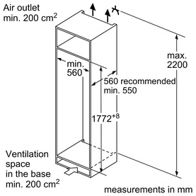 Neff installation diagram showing cabinet dimensions in mm, max height 2200mm, min depth 560mm, with ventilation and air outlet spacing requirements.