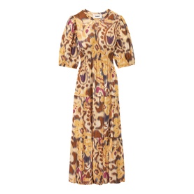 Bash yellow ikat-print midi dress with puff sleeves, tiered skirt, and button-front detail