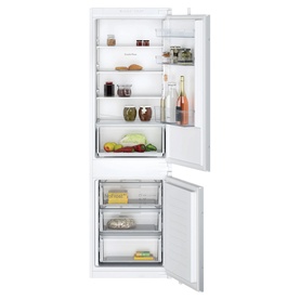 Neff integrated fridge freezer in white, doors open showing stocked shelves and three freezer drawers below