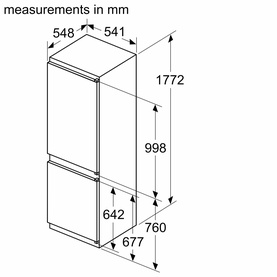 Neff integrated fridge freezer technical dimensions diagram showing measurements: 548mm width, 1772mm height, 998mm and 642mm internal heights.