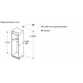 Neff integrated refrigerator dimension diagram showing height 1772mm, width 560mm, max 2200mm, with socket position labelled A and B