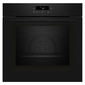 Neff built-in single electric oven in black with digital display panel and dark glass door, front-facing view