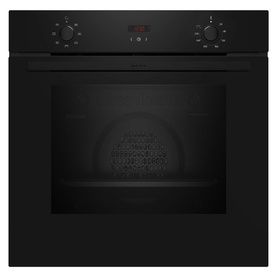 Neff black built-in single electric oven with red LED display, two rotary dials, and dark glass door, front-facing view
