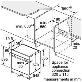 Neff black built-in oven installation diagram showing cavity dimensions, minimum cabinet cutout, and appliance connection space in mm.