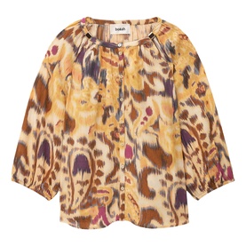 Bash yellow abstract ikat-print blouse with button-front placket, collarband neckline, and relaxed long sleeves
