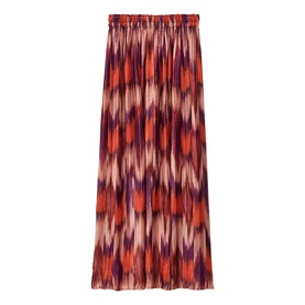 Bash pleated maxi skirt in orange ikat print with elasticated waist, full-length silhouette in purple and coral tones