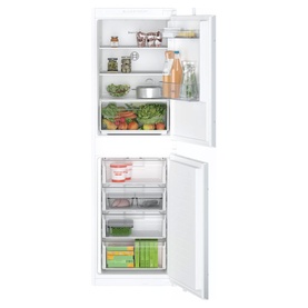 Bosch integrated fridge freezer in white, shown open with food-filled fridge above and drawer freezer compartment below
