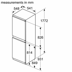 Bosch integrated fridge freezer dimension diagram showing measurements: 1772mm height, 849mm width, 826mm and 931mm internal heights.
