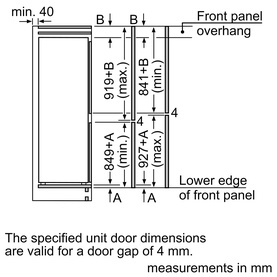 Bosch integrated appliance installation diagram showing door dimensions in mm, including front panel overhang and lower edge measurements.