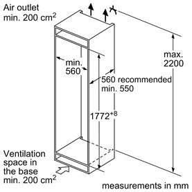 Bosch integrated appliance installation diagram showing cabinet dimensions: max 2200mm height, 1772mm interior, min 560mm width, with ventilation