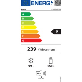 Bosch fridge freezer EU energy label showing E rating, 239 kWh/annum, 99L freezer and 150L fridge capacity.