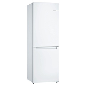 Bosch white freestanding fridge freezer with bottom freezer compartment and recessed handle, shown at an angle