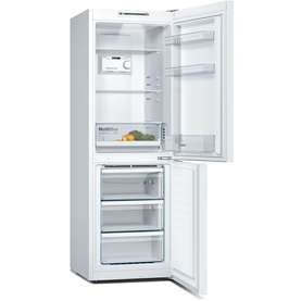 Bosch white freestanding fridge freezer with open doors revealing MultiBox compartments, shelves, and salad drawer
