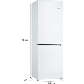 Bosch white freestanding fridge freezer with bottom freezer compartment, shown with dimensions: 176cm tall, 66cm deep, 60cm wide.