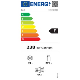 Bosch KGN292WEBG energy label, rated E, 238 kWh/annum, 89L freezer, 279L fridge, white freestanding fridge freezer