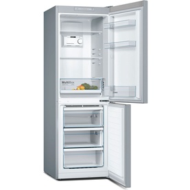 Bosch silver freestanding fridge freezer with doors open, showing MultiBox interior shelving and freezer drawers below