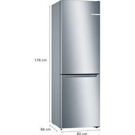 Bosch silver freestanding fridge freezer, bottom freezer, stainless steel finish, with 176cm height and 60cm width dimensions shown.