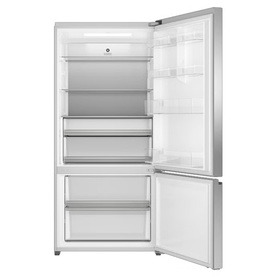 Fisher & Paykel Series 5 Frost Free Fridge Freezer in silver, shown open with fridge above and freezer drawer below, stainless steel finish