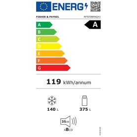 Fisher & Paykel Series 5 Frost Free Fridge Freezer EU energy label, rated 119 kWh/annum, 140L freezer and 375L fridge capacity.