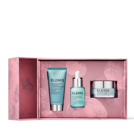 Elemis Power of Pro-Collagen Discovery Collection skincare set in pink gift box, featuring cleanser, serum, and moisturiser