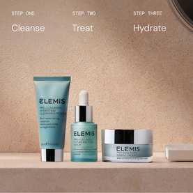 Elemis Power of Pro-Collagen Discovery Collection skincare set with cleanser, serum, and moisturiser displayed in three-step routine layout