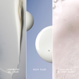 Elemis Power of Pro-Collagen Discovery Collection showing three textures: lightweight gel-cream, silky fluid, and rich cream light mousse