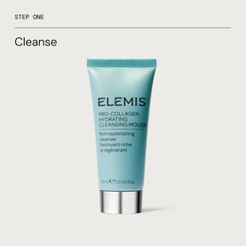 Elemis Pro-Collagen Hydrating Cleansing Mousse travel-size tube in teal, shown as Step One of the Discovery Collection routine.