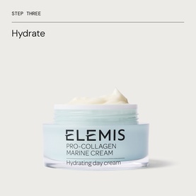 Elemis Power of Pro-Collagen Discovery Collection skincare set. Open jar of Pro-Collagen Marine Cream hydrating day cream in light blue packaging.