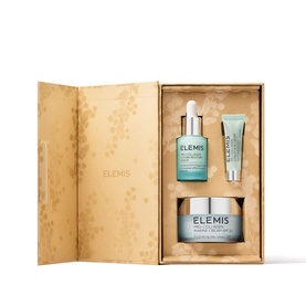 Elemis Pro-Collagen Revitalise & Rejuvenate Routine skincare gift set in gold gift box with serum, moisturiser and travel-size tube.