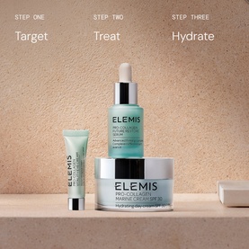 Elemis Pro-Collagen Revitalise & Rejuvenate Routine skincare set with three steps: Target, Treat, Hydrate, displayed on neutral background.