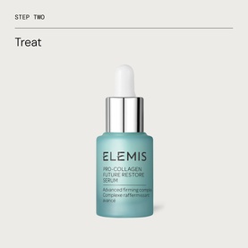 Elemis Pro-Collagen Revitalise & Rejuvenate Routine skincare set; teal glass dropper serum bottle with silver cap on neutral background.