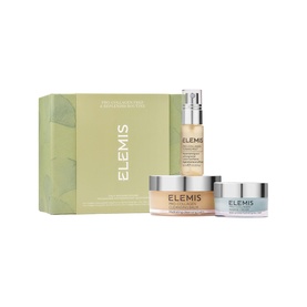Elemis Pro-Collagen Prep & Replenish Routine skincare set with green gift box, serum, cleansing balm, and moisturiser