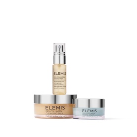 Elemis Pro-Collagen Prep & Replenish Routine skincare set with cleansing balm, facial oil, and eye cream