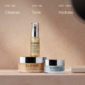 Elemis Pro-Collagen Prep & Replenish Routine 3-piece skincare set displayed with Cleanse, Tone, Hydrate step labels