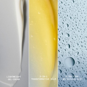 Elemis Pro-Collagen Prep & Replenish Routine skincare set: three texture swatches showing gel-cream, transformative balm, and weightless mist.