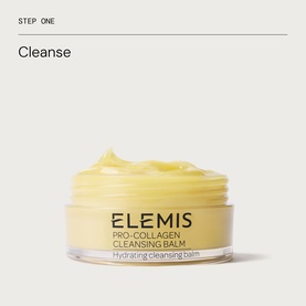 Elemis Pro-Collagen Cleansing Balm in open glass jar, showing pale yellow balm texture, part of the Prep & Replenish Routine set