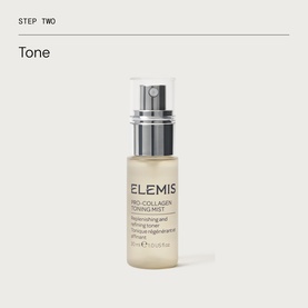 Elemis Pro-Collagen Prep & Replenish Routine skincare set; miniature Pro-Collagen Toning Mist bottle with silver pump cap