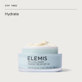 Elemis Pro-Collagen Marine Cream SPF30 open jar showing rich white cream texture, part of the Prep & Replenish Routine set