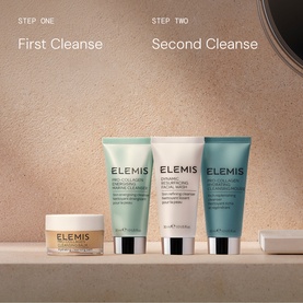 Elemis Double Cleanse Starter Collection skincare set, four miniature cleansers arranged in two steps on a neutral background