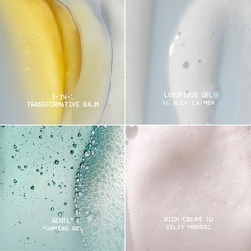 Elemis Double Cleanse Starter Collection: four texture swatches showing transformative balm, gel-to-lather, foaming gel, and rich cream-to-mousse