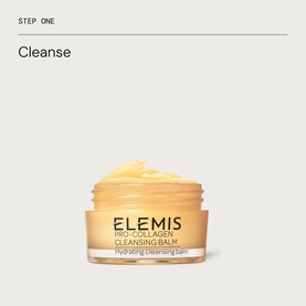 Elemis Double Cleanse Starter Collection open Pro-Collagen Cleansing Balm jar showing golden balm texture, step one cleanse