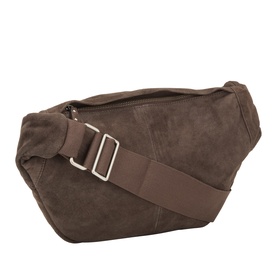 InWear Chocolate Brown suede belt bag with zip top, adjustable buckle strap, and silver-tone hardware