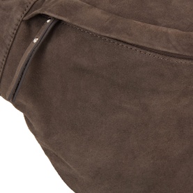 InWear Chocolate Brown suede bag close-up showing zip pocket detail and stitching, silver-tone hardware