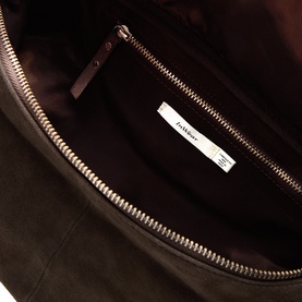 InWear bag in Chocolate Brown, interior view showing branded label, zip closure and smooth lining detail