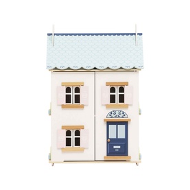 Le Toy Van Daisylane wooden dolls house, pale pink with blue polka dot roof, navy front door and arched windows