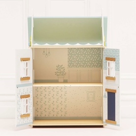 Le Toy Van Daisylane dolls house open view showing interior rooms with floral wallpaper, sage green canopy and gold-toned details
