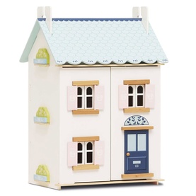 Le Toy Van Daisylane wooden dolls house with blue spotted roof, navy door, pink window shutters and yellow flower details